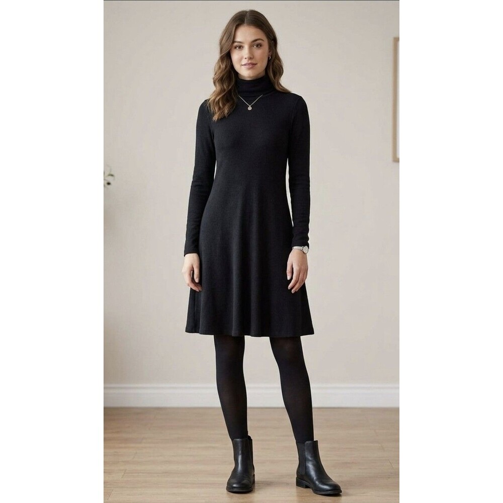 Karen Kane Midi Dress Women Size Large Black Long Sleeve High Neck A-Line